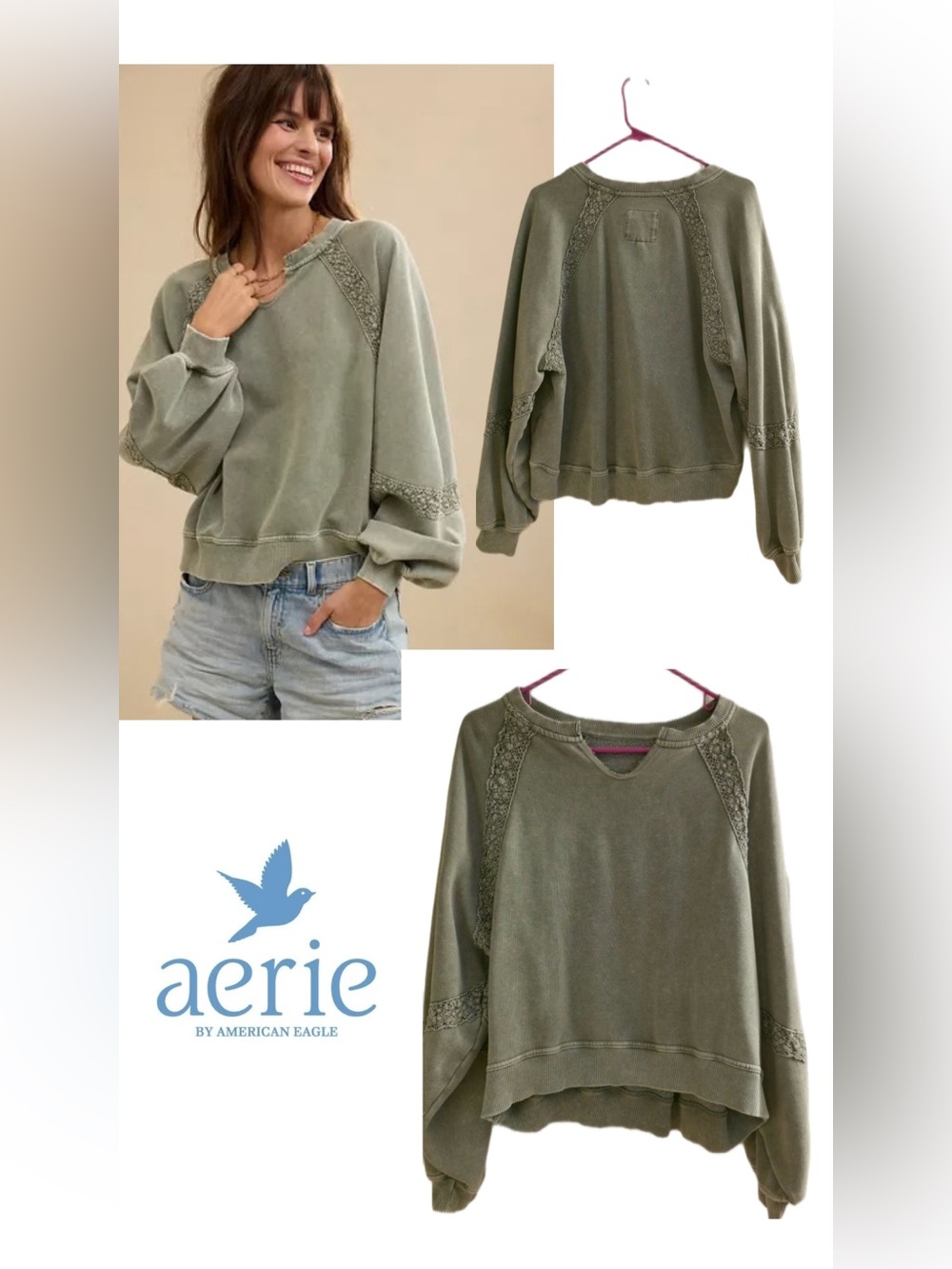 Aerie by American Eagle Sweatshirt Lace Trim Olive Boho. Size XS